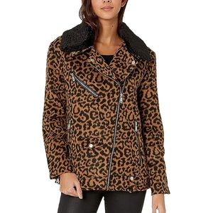Avec Les Filles Faux Sherpa Trimmed Leopard Wool Blend Biker Moto Jacket M